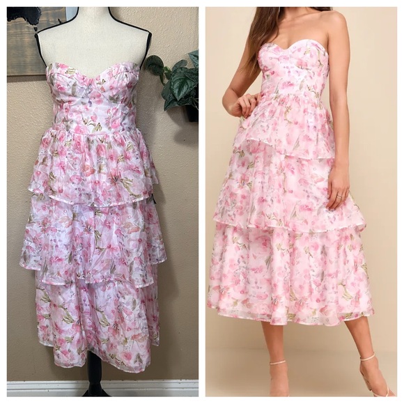 Lulus Dresses & Skirts - Pristine Cutie Light Pink Floral Organza Bustier Midi Dress